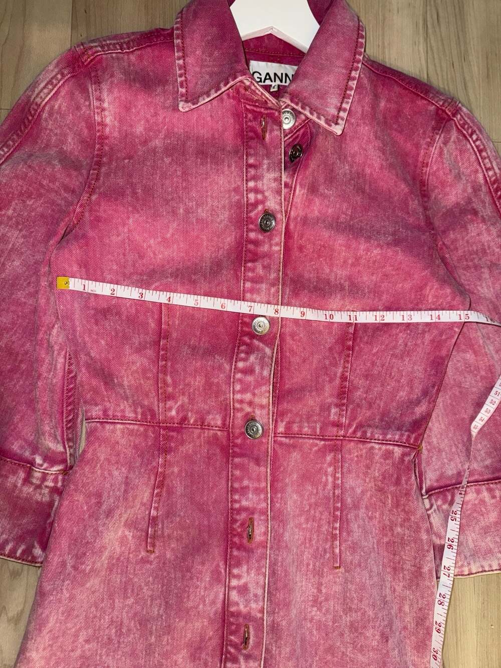 Ganni Pink Acid Wash Denim Button-Down Mini Dress Size 34 - Picture 5 of 9